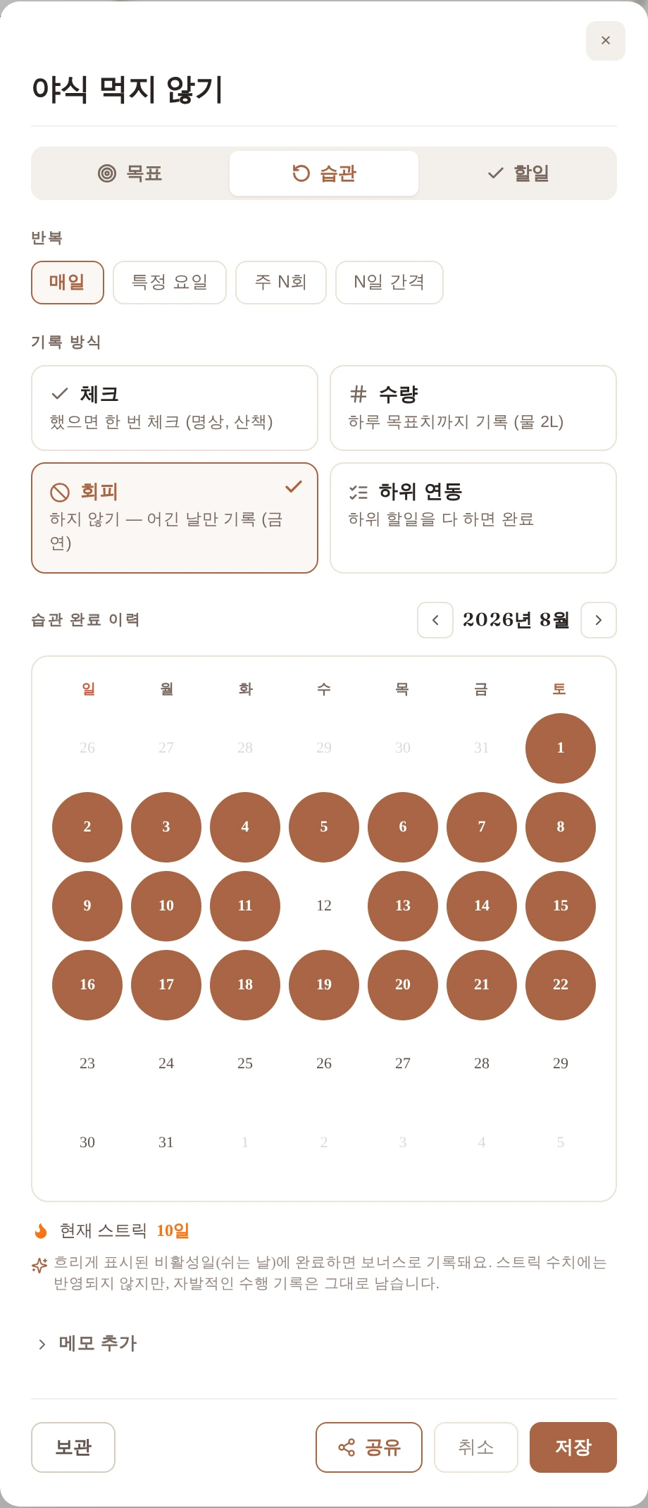 회피형 습관의 기록 방식이 '회피'로 설정되고, 평범한 날은 자동으로 지켜진 날로, 무너진 날만 슬립으로 기록되는 앱 화면